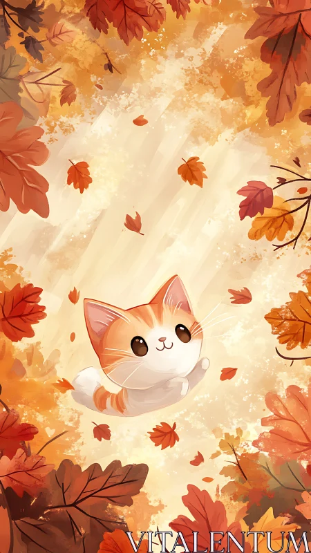 A Curious Orange Kitten Surrounded by Falling Autumn Leaves