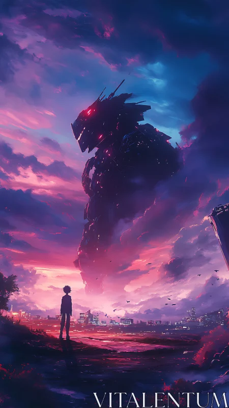 Neon colossus pauses at sunset while a lone dreamer watches.