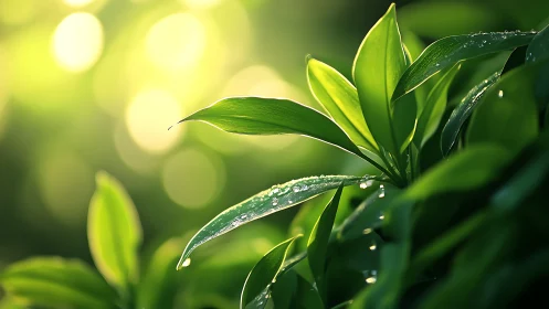 Morning dew crowns tender green leaves in sunlit hush.