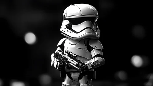 Shiny sci fi toy soldier stands ready in bold monochrome light