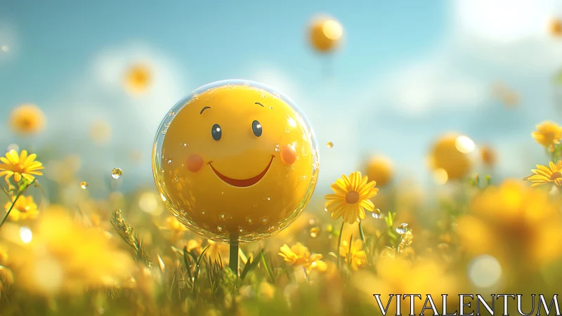 Smiling yellow sphere glows in sunlit flower meadow.