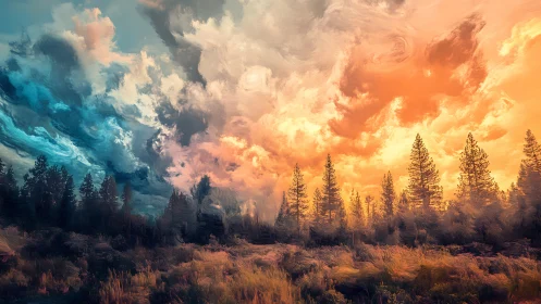 Forest treeline negotiates between teal storm and ember dawn