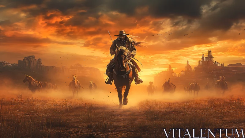 Lone cowboy leads galloping horses under burning sunset sky.