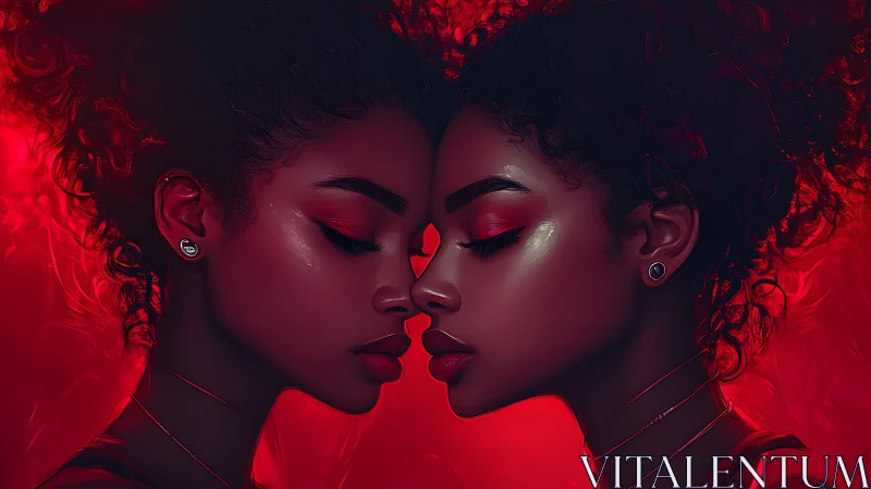 Two profiles face each other against red fluid background composition