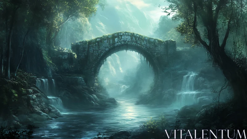 Ancient stone bridge spans a misty forest river at dawn