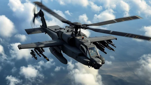 Military attack helicopter in midair flight above clouds.