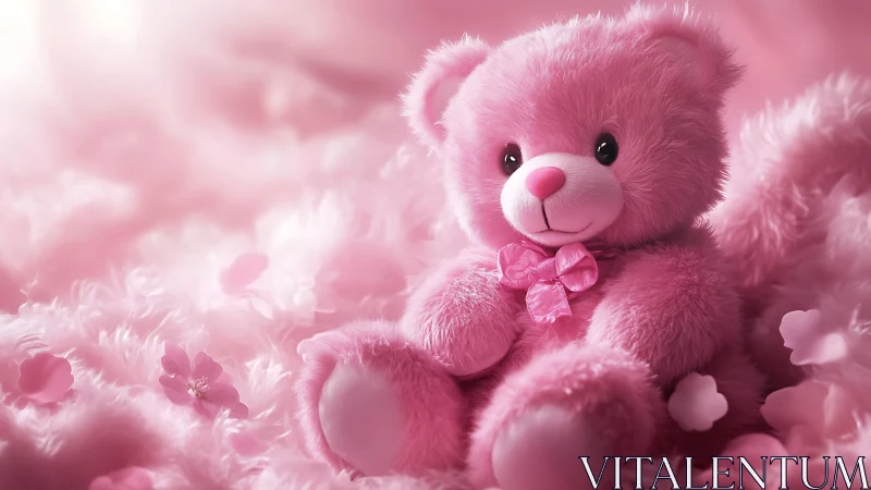 Soft pink teddy bear toy posed on fluffy petals background.