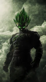 Hyperreal green-haired warrior rendered with dramatic volumetric lighting