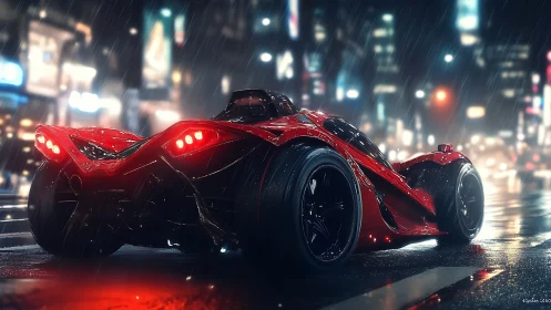 Red three-wheeled concept car on wet city street at night.
