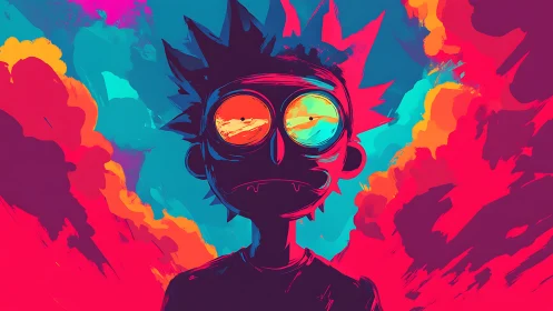 Neon-saturated cartoon figure with reflective explosive sky.