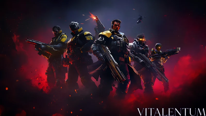 Futuristic armored squad with rifles in red battle smoke.