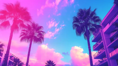 Neon sunset palms glow above modern coastal apartments