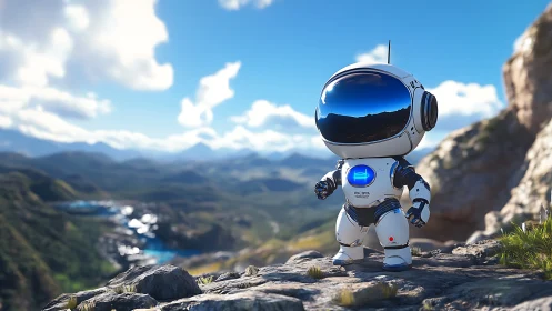 Small exploration robot on rocky mountain landscape viewpoint.