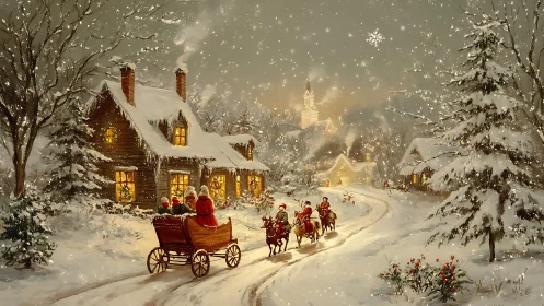 Horse-drawn sleigh glides along snowy village lane at dusk