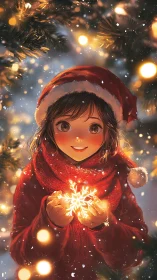 Smiling girl in Santa hat holding glowing snowflake light.