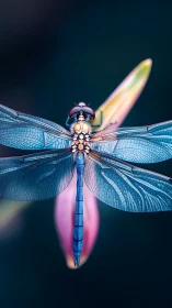 Blue dragonfly is centered in vertical macro composition