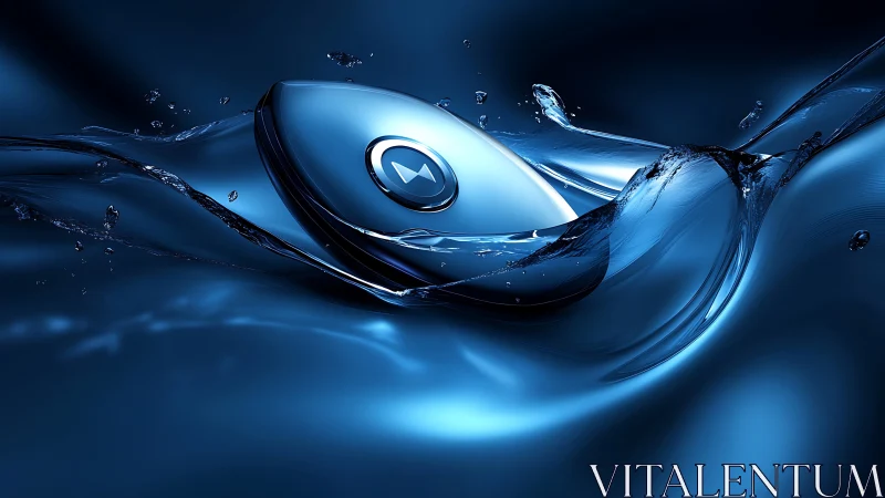 Futuristic metallic device suspended in fluidic blue waves.