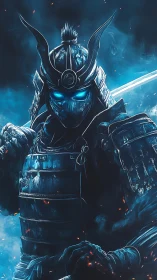 Spectral cyber-samurai in luminescent armor and ember haze.