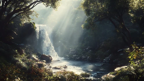 Waterfall in Enchanted Forest with God Rays.