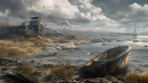Abandoned boat rests on polluted shoreline under heavy clouds