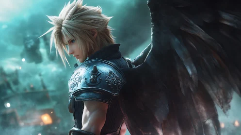 Winged warrior gazes into swirling sky with quiet resolve