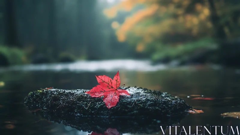 Red maple leaf resting on mossy river stone at dusk.