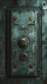 Corroded steel control panel with circular indicator ports