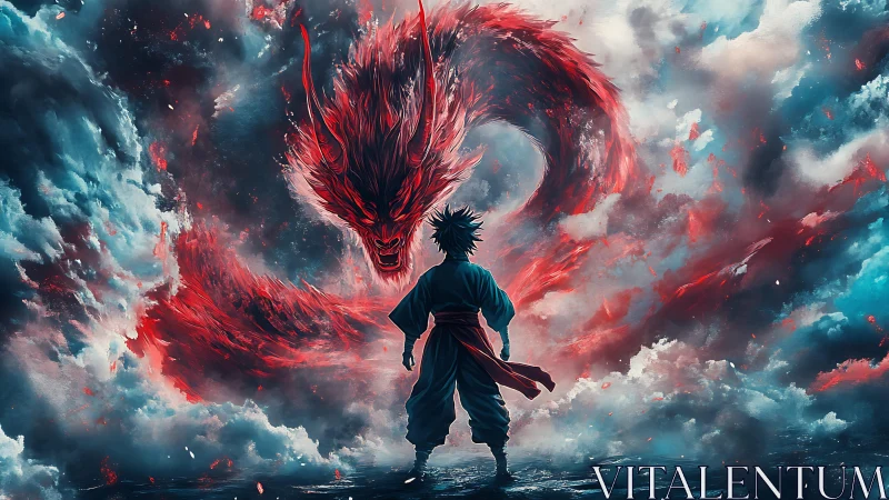 Solitary figure observes red spectral dragon in turbulent sky