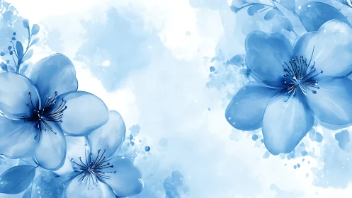 Blue flowers bloom softly in a serene, dreamlike watercolor atmosphere