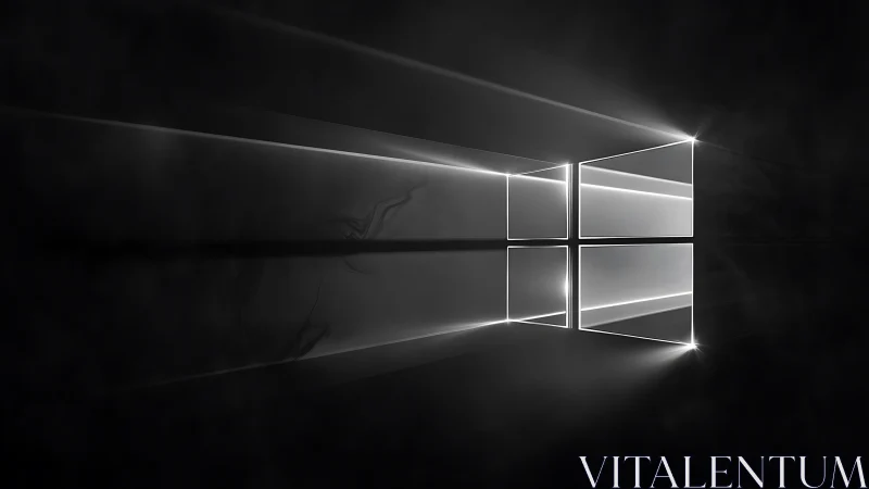 Minimalist luminous window grid with volumetric light beams.