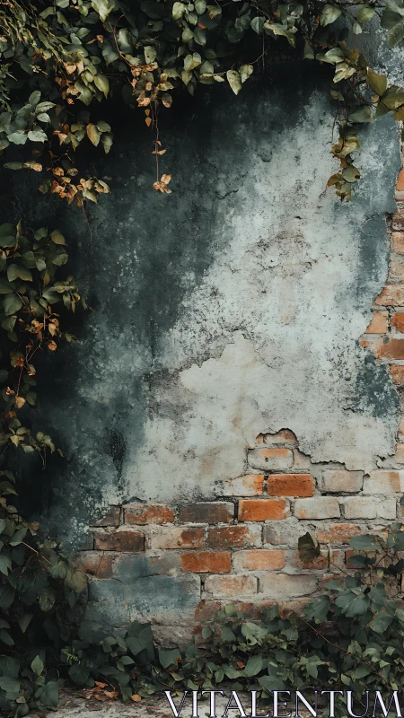 Aged brick wall with green foliage and peeling plaster surface.