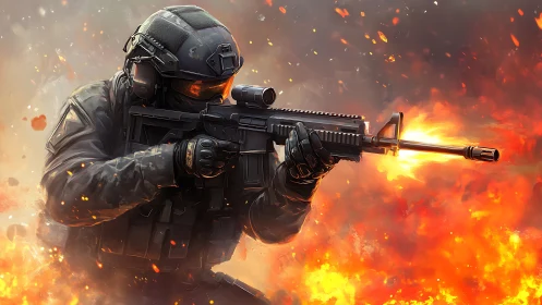 Tactical soldier advances through blazing battlefield fire.