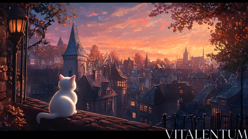 White Cat Watches Over Medieval City at Sunset.