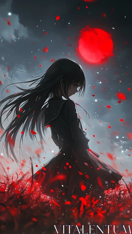 Silhouetted anime girl under blood-red moon in drifting petals