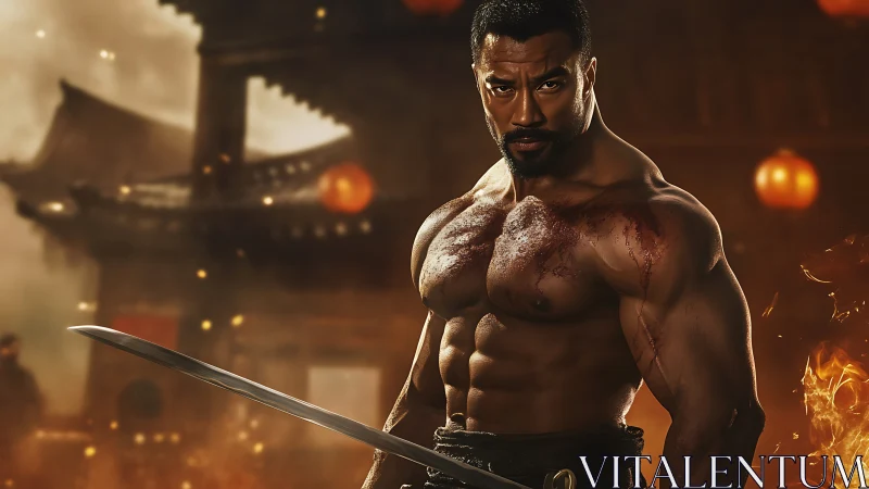 Firelit warrior stands unbroken in lantern-lit night storm.