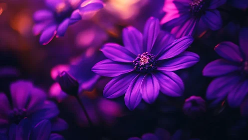 Violet Daisies Glowing in Neon Light.