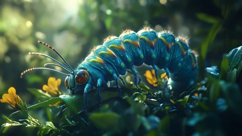 Bioluminescent blue caterpillar crawls through lush foliage