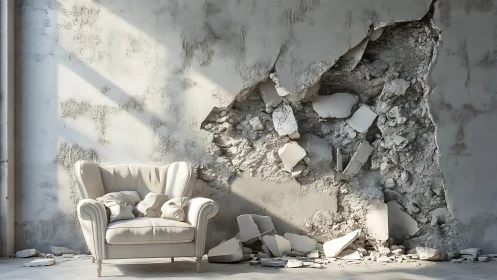 Cream armchair beside collapsed plaster wall in soft daylight