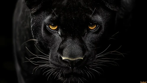 Black Panther Portrait with Golden Luminous Eyes Against Dark Background.
