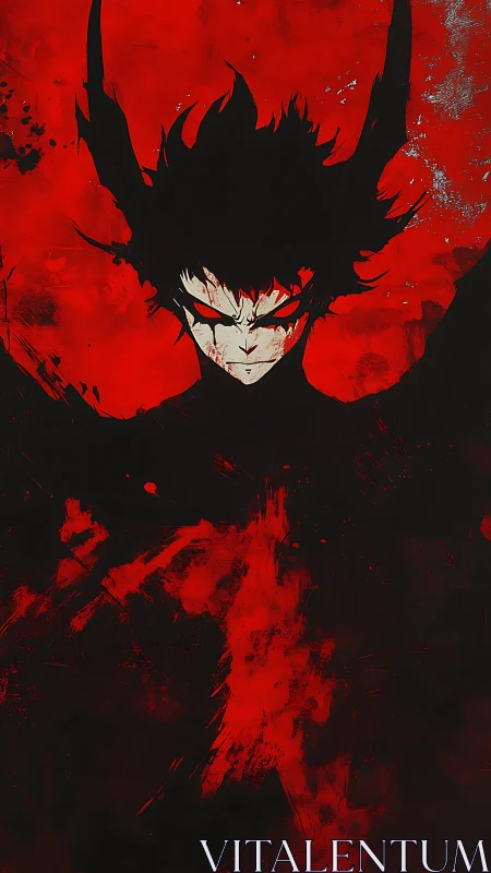 Dark horned anime figure framed by intense red background.