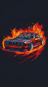 Stylized red sports sedan drifts through stylized flames on black