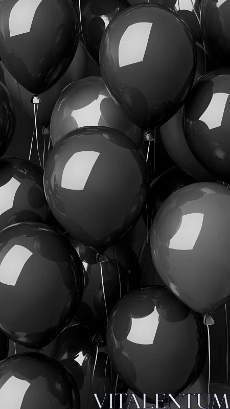 Glossy Black Balloons Creating Ethereal Monochromatic Composition.