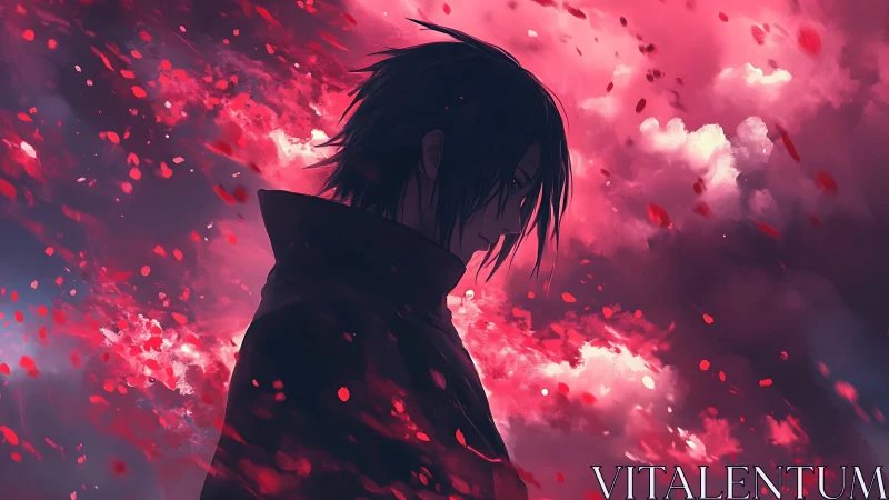 Solitary anime figure dissolves into luminous crimson storm