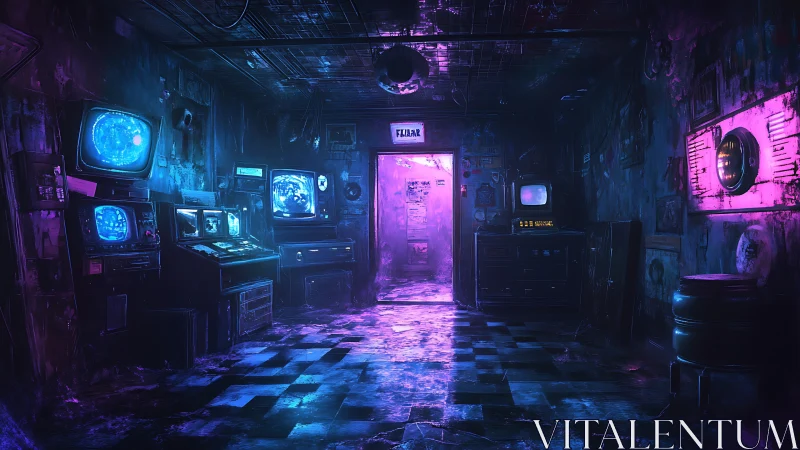 Neon lit control room hallway glowing with retro mystery.