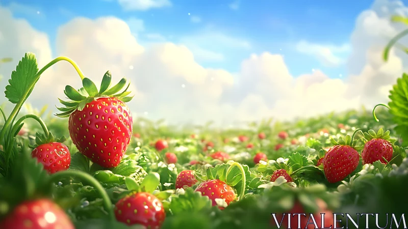 Strawberry field under daylight sky with scattered clouds.