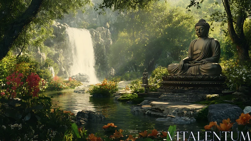 Buddha statue is placed beside a waterfall in dense garden