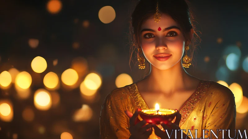 Woman in Traditional Attire Holding Diya, Warm Festive Portrait.