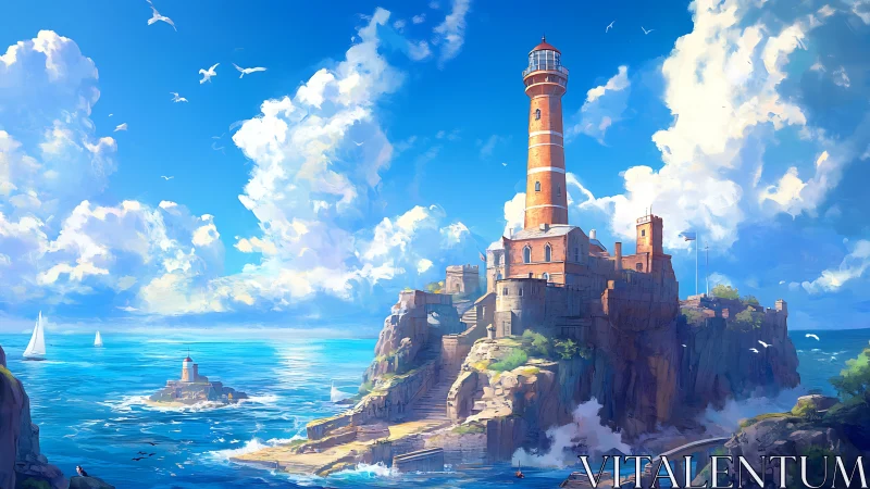 Coastal Lighthouse Structure on Rocky Outcrop.