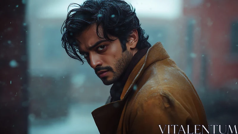 Brooding man in snow casts an intense, watchful gaze.