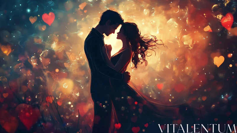 Silhouetted couple in close proximity surrounded by illuminated particles and heart shapes